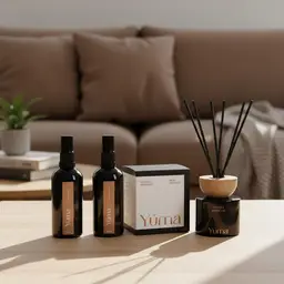 Δύο room sprays, ένα κουτί και ένα Antique Bookcase reed diffuser της YUMA σε ξύλινο τραπέζι.