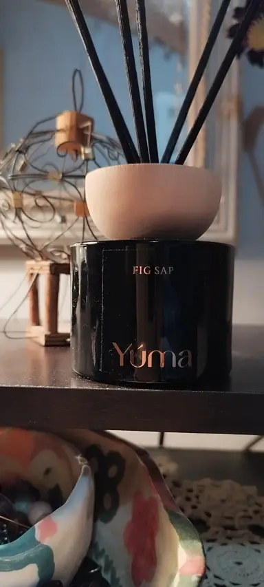 Μαύρο γυάλινο δοχείο Fig Sap της YUMA με ξύλινο καπάκι και μαύρα στικ αρώματος.