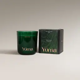 Πράσινο γυάλινο κερί Pine Tree της YUMA δίπλα στη χάρτινη συσκευασία του σε γκρι φόντο.