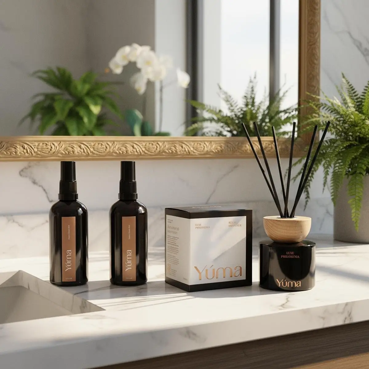 Gift Set της YUMA με αρωματικά σπρέι και reed diffuser Luxe Philoxenia σε μαρμάρινο πάγκο μπάνιου.