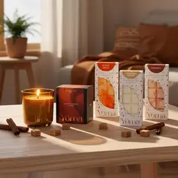 Αναμμένο κερί Salted Caramel και τρία πακέτα wax melts της YUMA σε ξύλινο τραπέζι με στικ κανέλας.