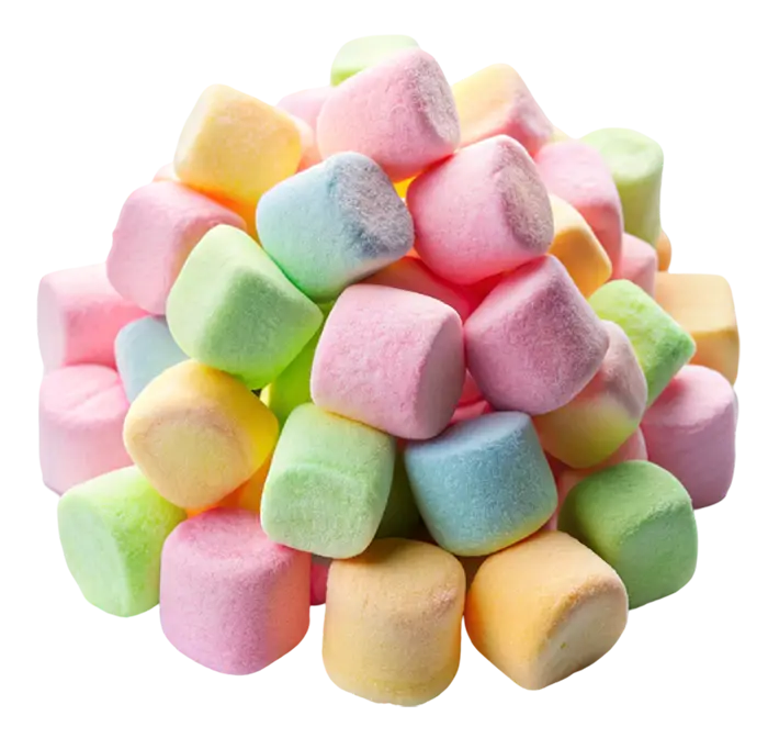 Σωρός από πολύχρωμα marshmallows σε παστέλ αποχρώσεις του ροζ, κίτρινου, πράσινου και μπλε σε λευκό φόντο.