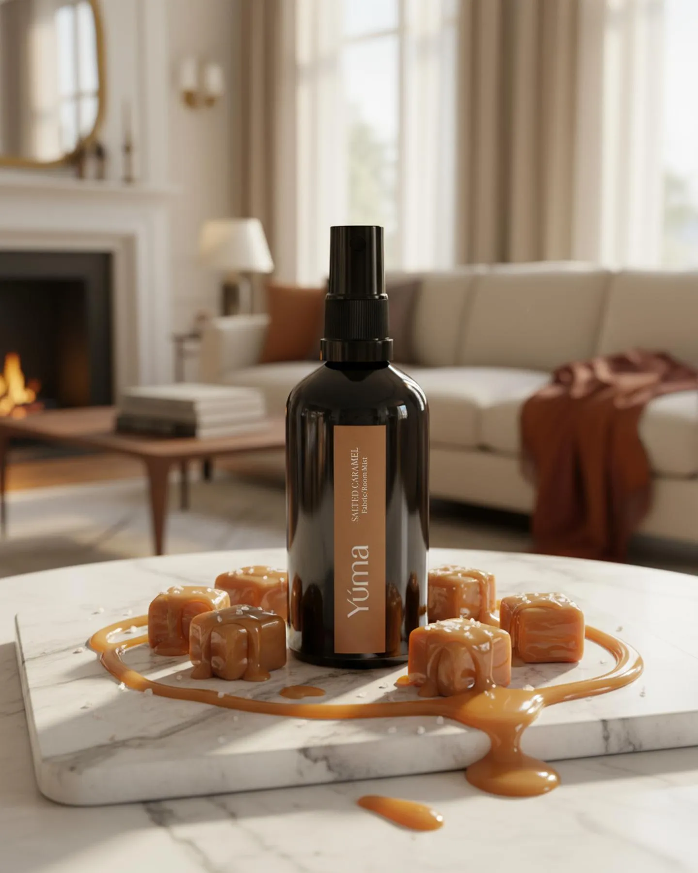 Σκούρο μπουκάλι Fabric Mist Salted Caramel της YUMA ανάμεσα σε κύβους καραμέλας πάνω σε μάρμαρο.