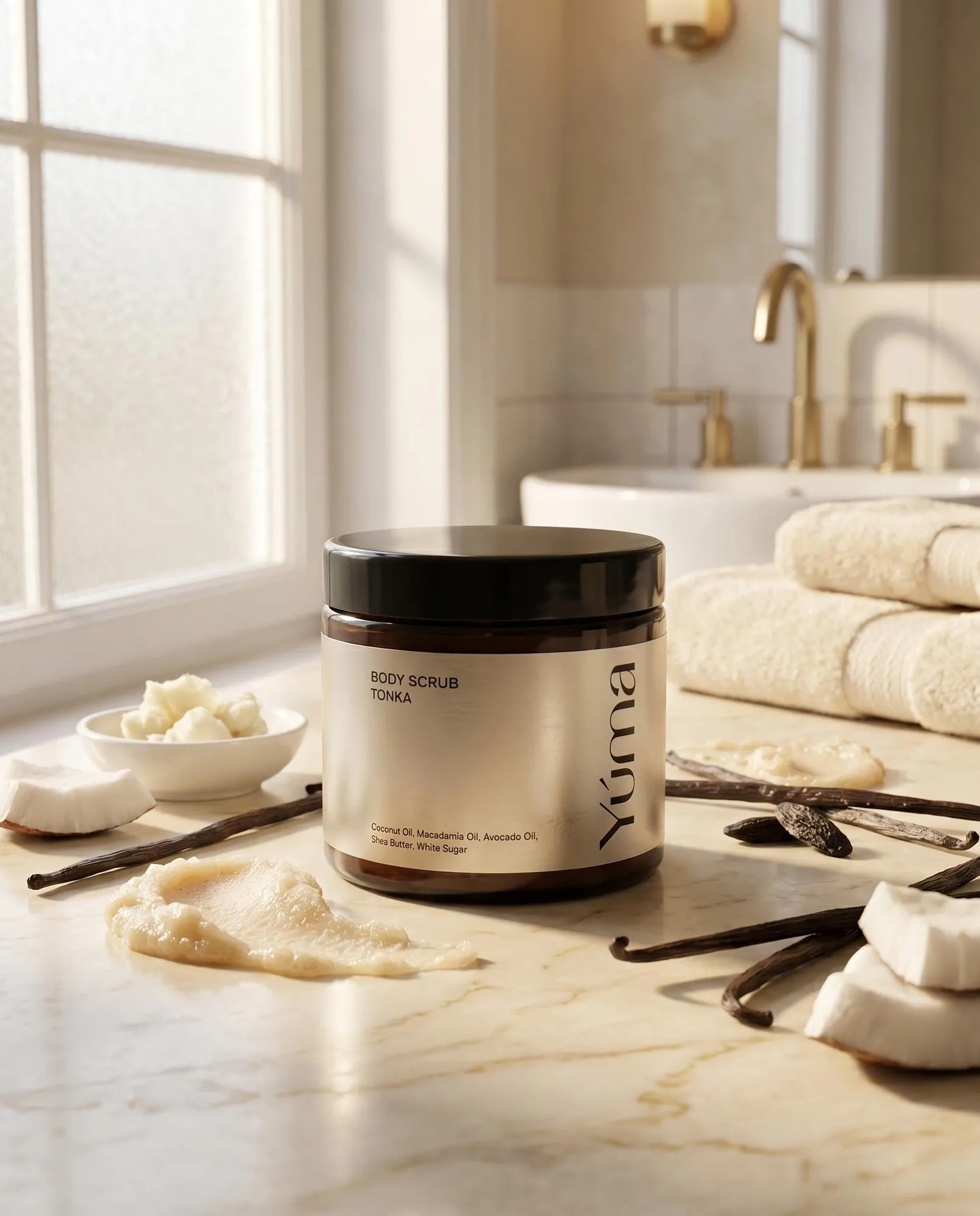 Βάζο Body Scrub Tonka της YUMA σε μαρμάρινο πάγκο μπάνιου με δείγματα προϊόντος και καρύδα ως οπτική αναφορά στη σύνθεση.