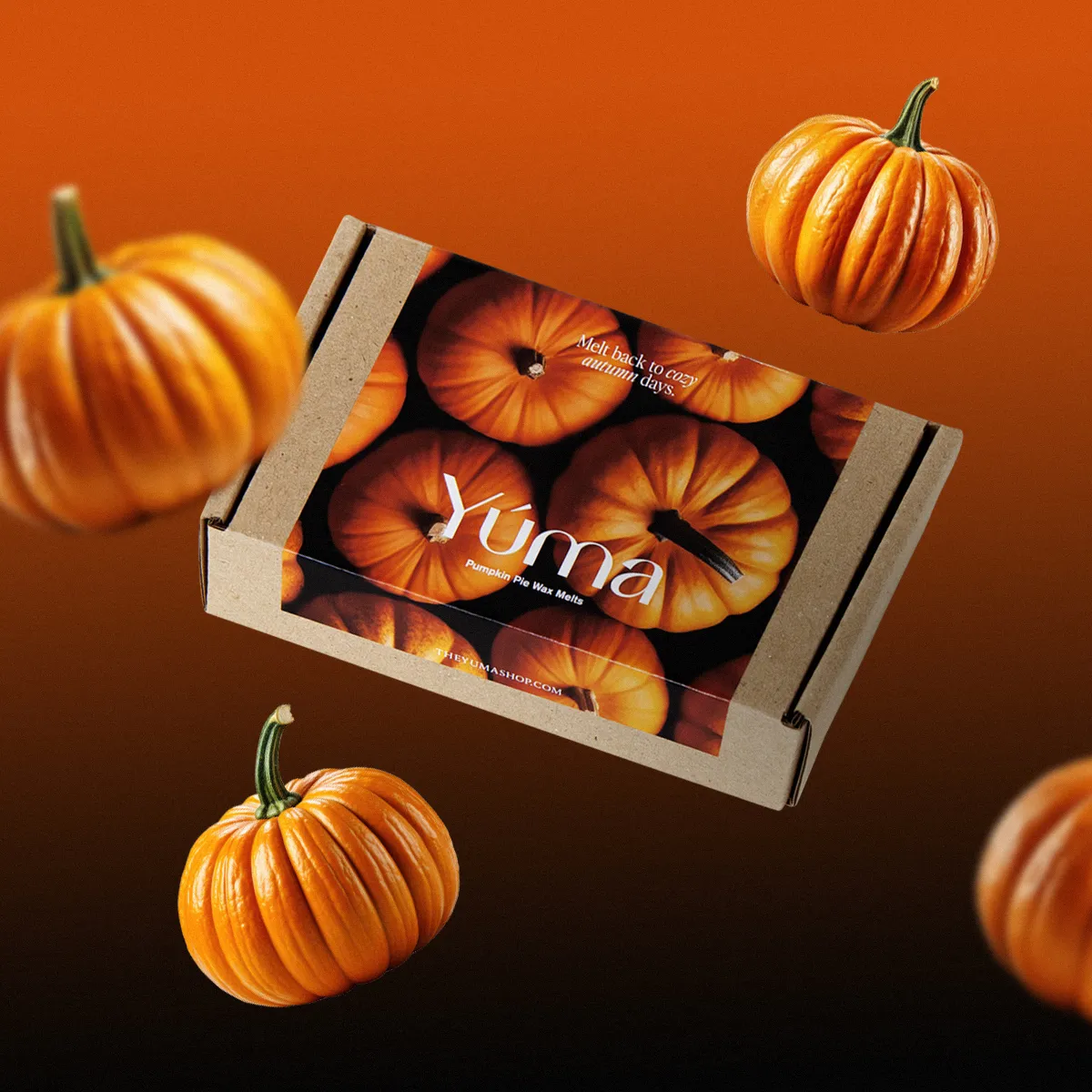 Χάρτινο κουτί Pumpkin Pie wax melts της YUMA περιτριγυρισμένο από μικρές πορτοκαλί κολοκύθες που αιωρούνται.