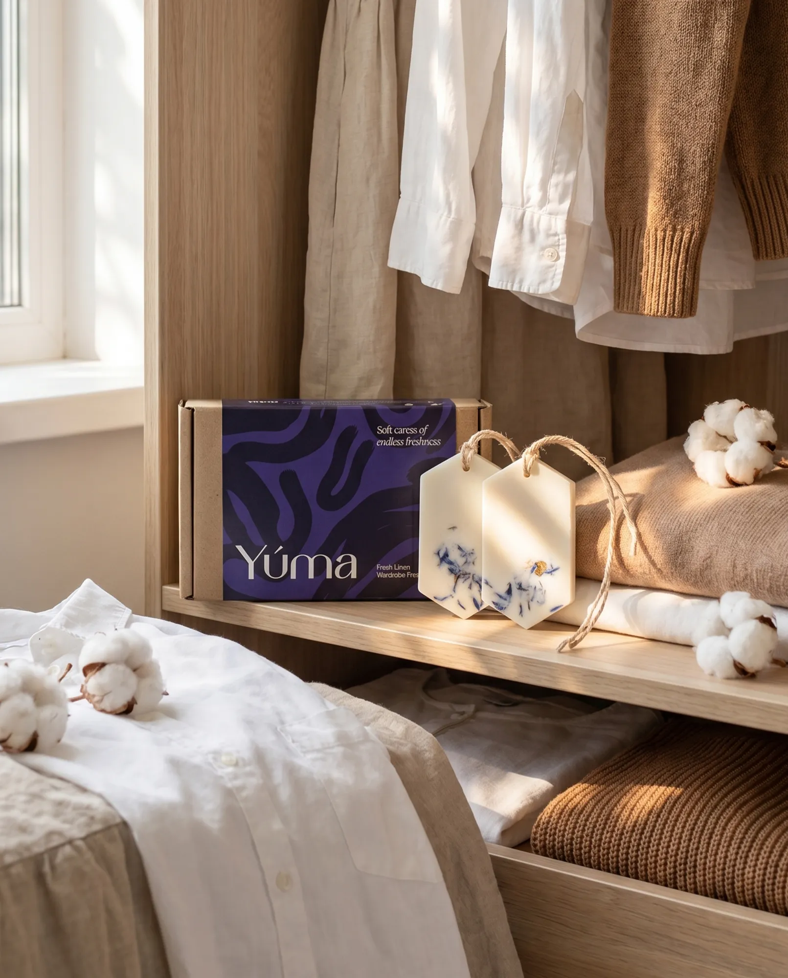 Δύο Fresh Linen Wax Tablets με αποξηραμένα άνθη δίπλα σε βαμβακερά ρούχα.