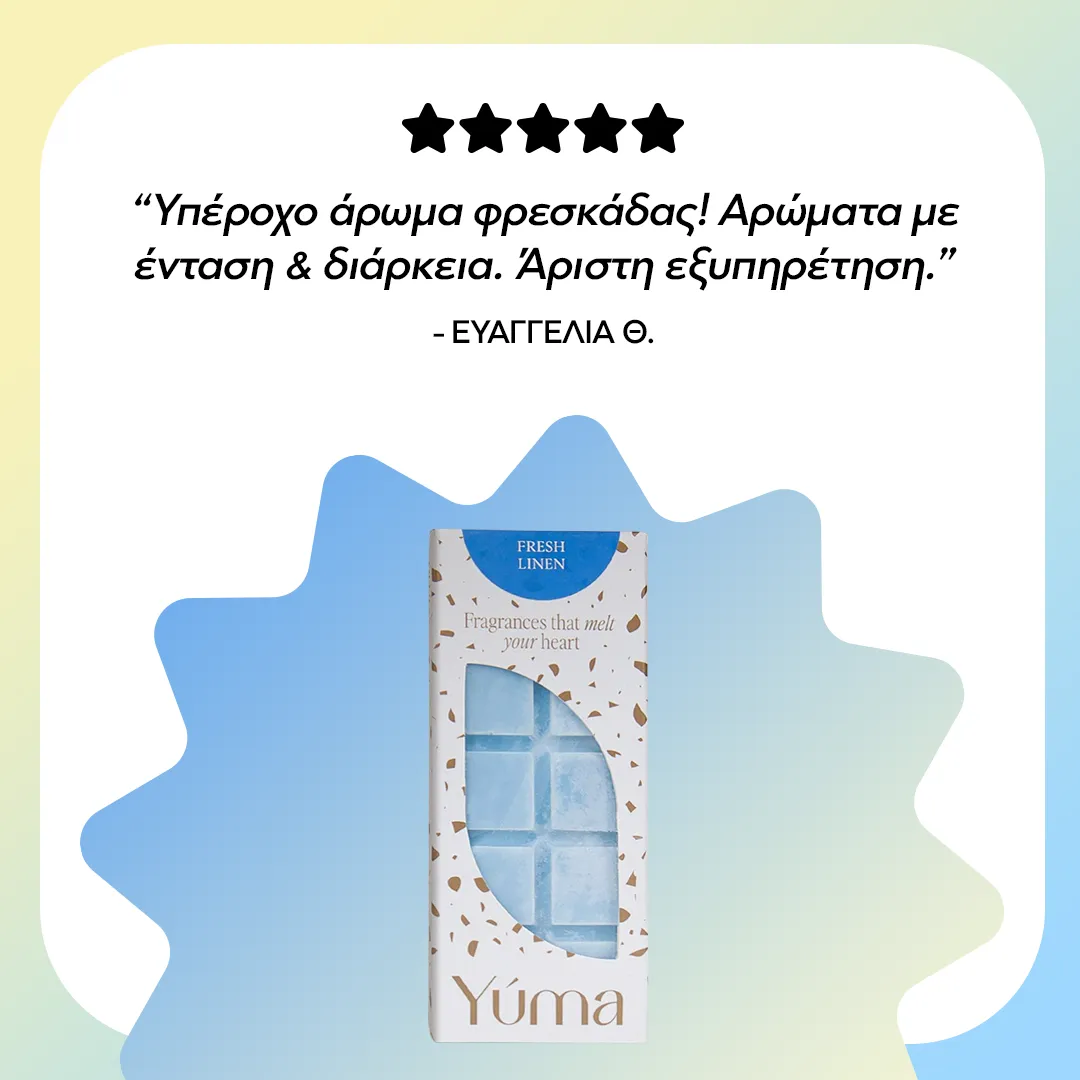Συσκευασία Fresh Linen wax melts της YUMA με γαλάζιους κύβους κεριού και κριτική πελάτη.