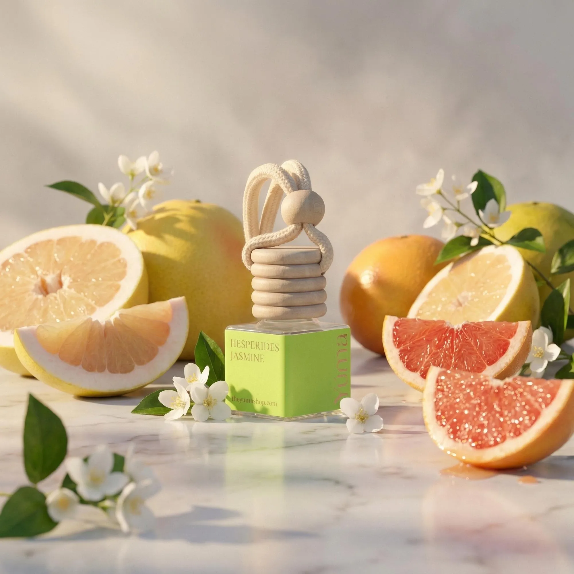 Car Diffuser της YUMA με άρωμα Hesperides Jasmine ανάμεσα σε φρέσκα εσπεριδοειδή και λευκά άνθη γιασεμιού.