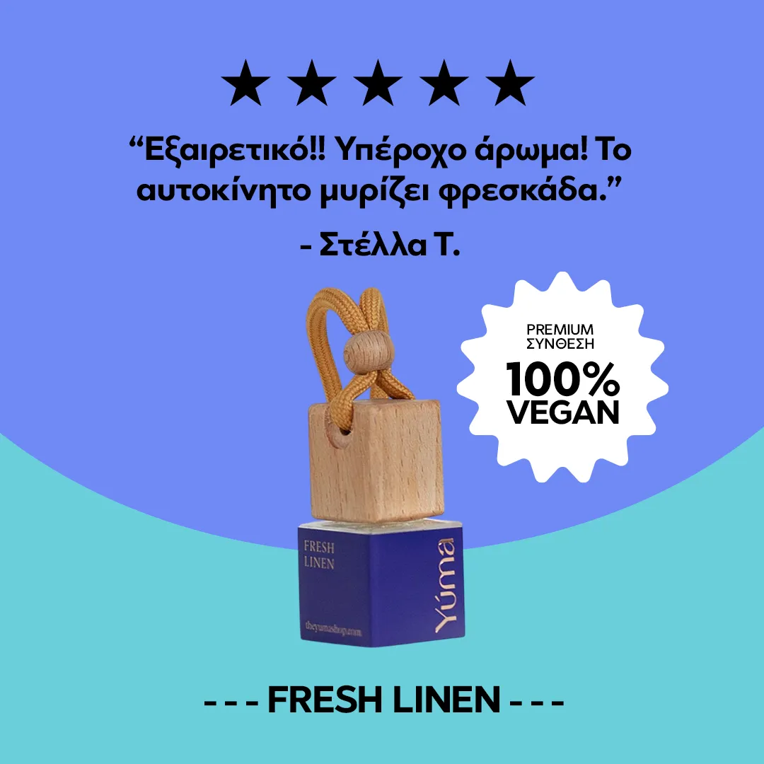 Car Diffuser Fresh Linen της YUMA με ξύλινο πώμα και κίτρινο κορδόνι σε μπλε φόντο.