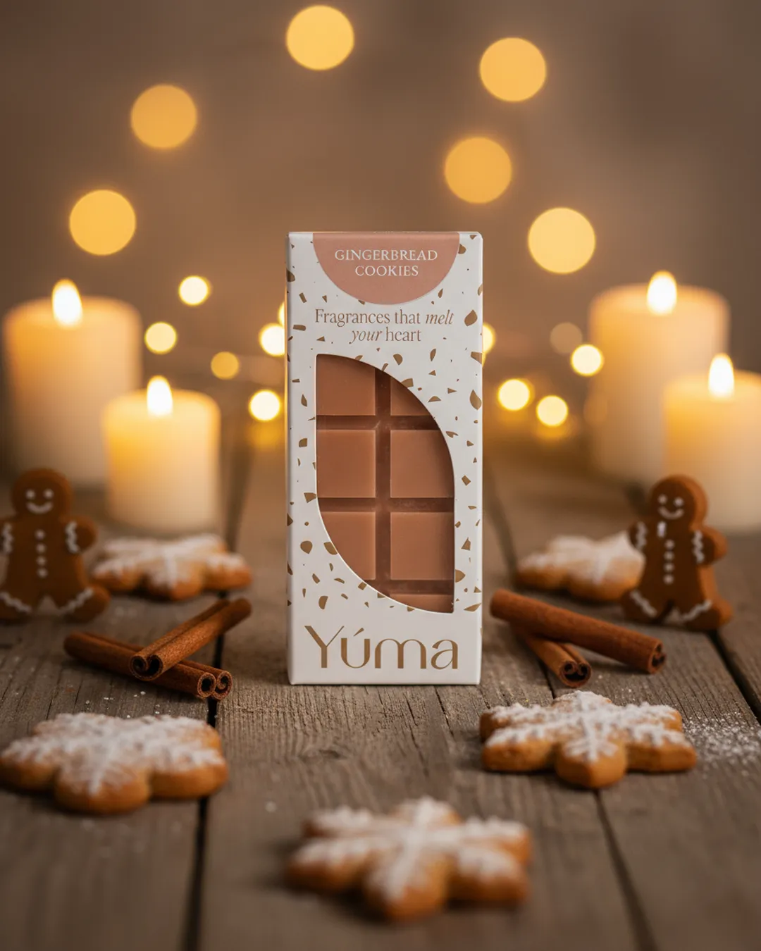 Wax melts Gingerbread Cookies της YUMA σε ξύλινο τραπέζι με μπισκότα, κανέλες και αναμμένα κεριά.