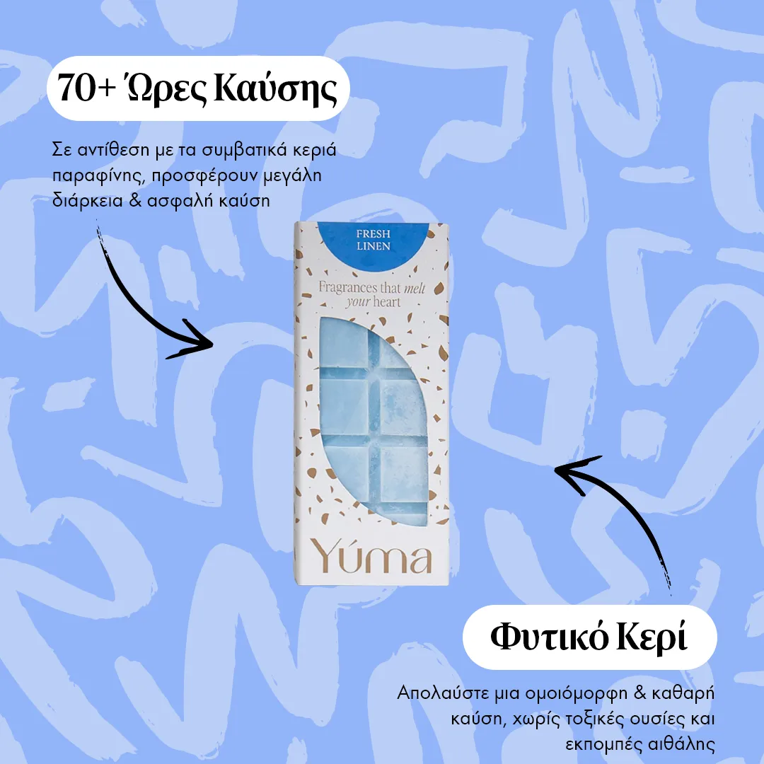 Συσκευασία Fresh Linen Wax Melts της YUMA με γαλάζια κομμάτια κεριού σε γαλάζιο φόντο με κείμενο.