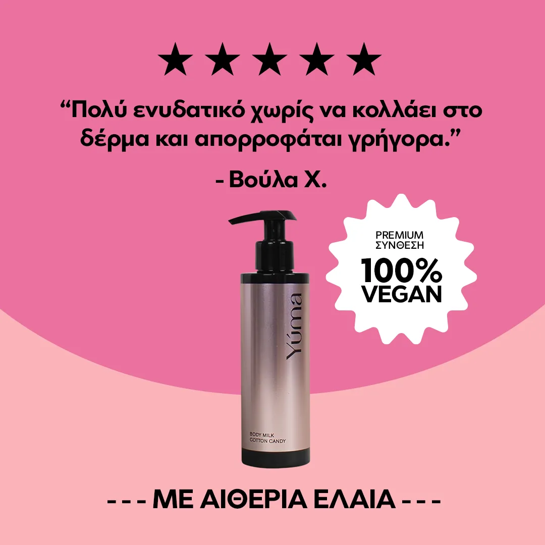 Body milk Cotton Candy της YUMA σε μεταλλικό μπουκάλι με αντλία σε ροζ φόντο.
