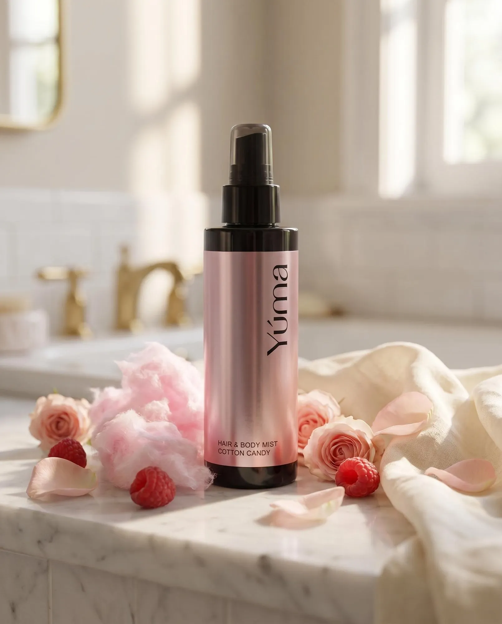 Hair & Body Mist Cotton Candy της YUMA ανάμεσα σε ροζ τριαντάφυλλα, σμέουρα και μαλλί της γριάς.