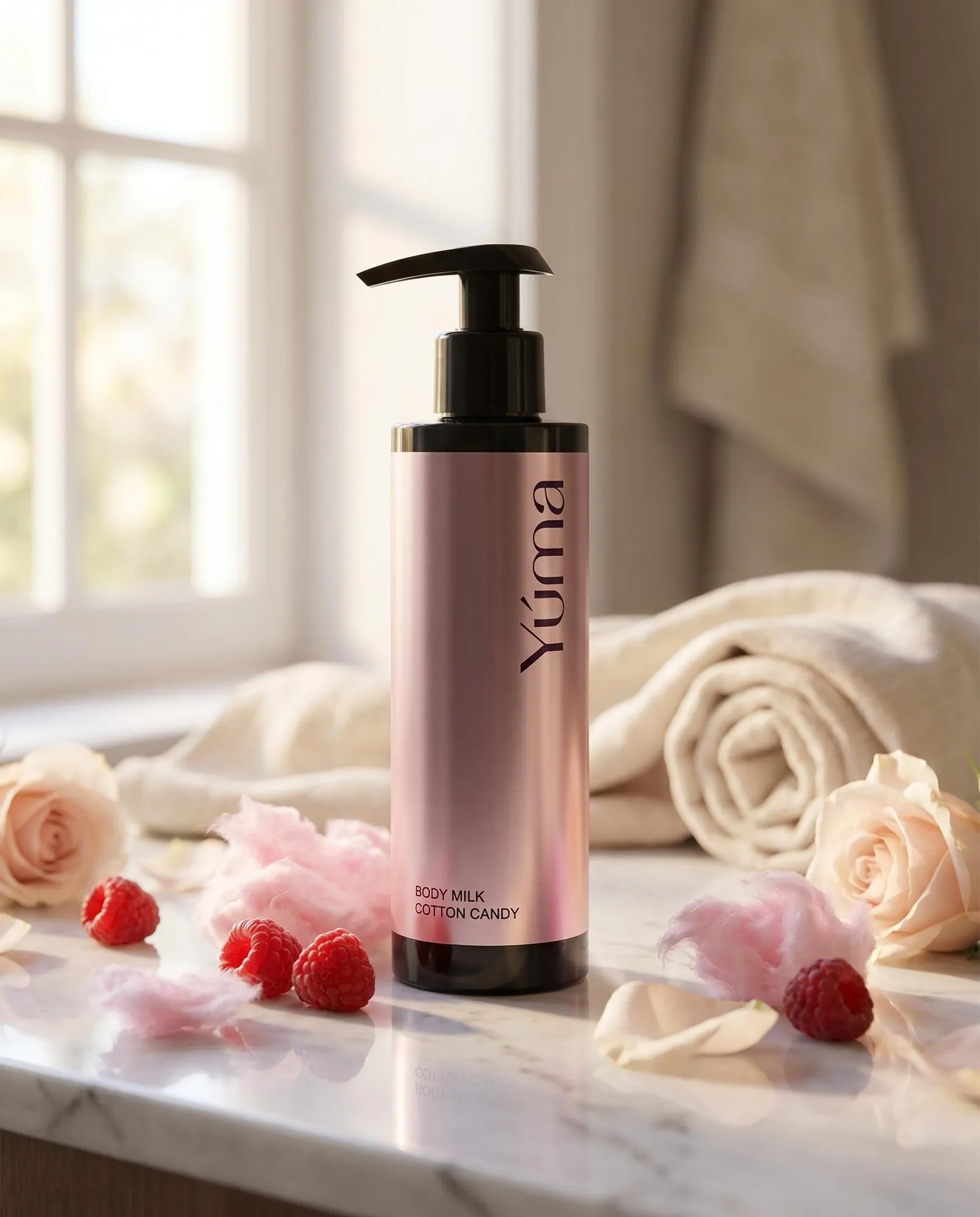 Ροζ μεταλλικό μπουκάλι Body Milk Cotton Candy της YUMA ανάμεσα σε σμέουρα, τριαντάφυλλα και μαλλί της γριάς.