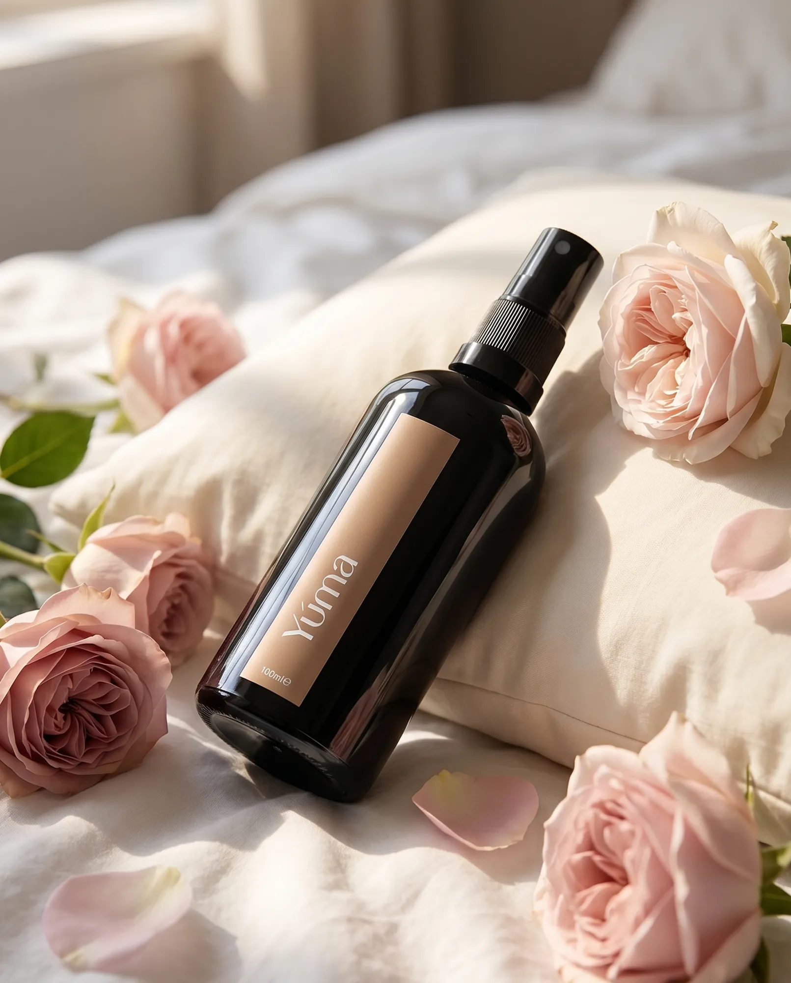 Σκούρο μπουκάλι Pure Powder Fabric/Room Mist της YUMA πάνω σε λευκό μαξιλάρι με ροζ τριαντάφυλλα.