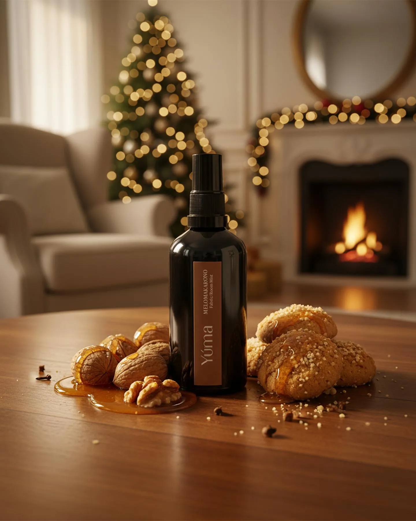 Σκούρο μπουκάλι Fabric Mist Melomakarono της YUMA ανάμεσα σε μελομακάρονα και καρύδια μπροστά από τζάκι.
