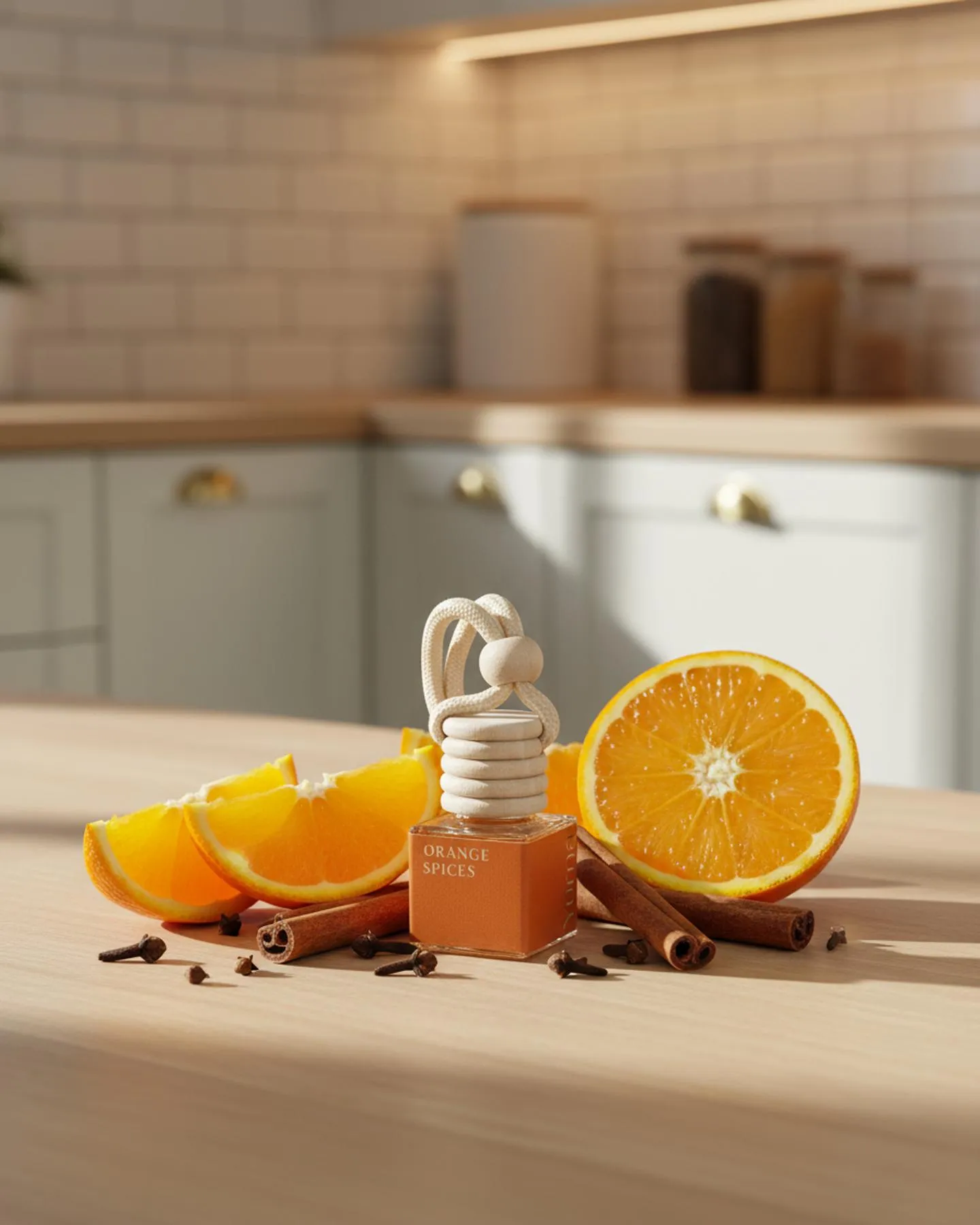 Car Diffuser της YUMA με άρωμα Orange Spices ανάμεσα σε φέτες πορτοκαλιού, ξυλάκια κανέλας και γαρίφαλα.