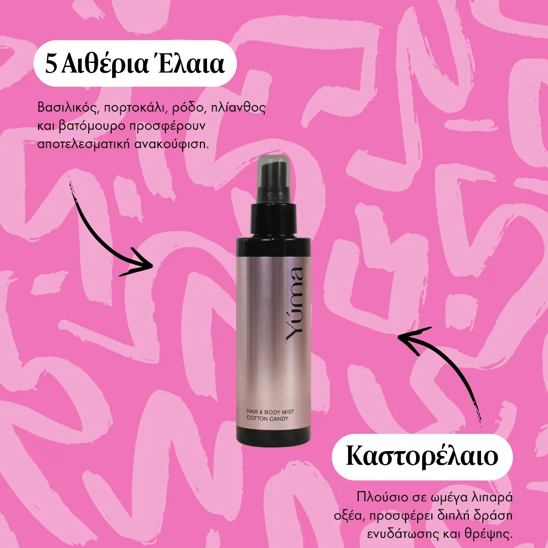 Hair & Body Mist Cotton Candy της YUMA σε ροζ φόντο με πληροφορίες για τα συστατικά.