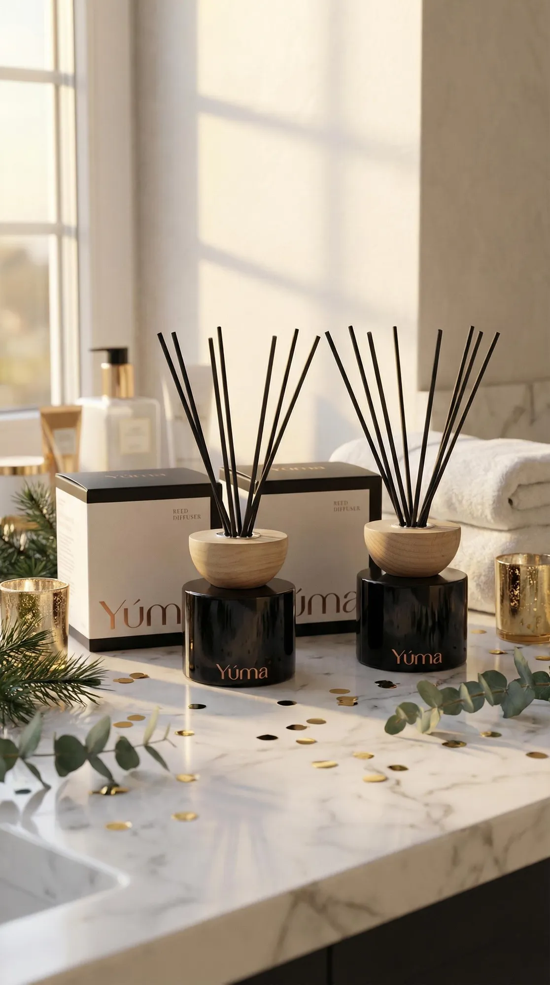 Δύο μαύρα reed diffusers της YUMA με ξύλινα καπάκια και μαύρα στικ σε μαρμάρινο πάγκο.