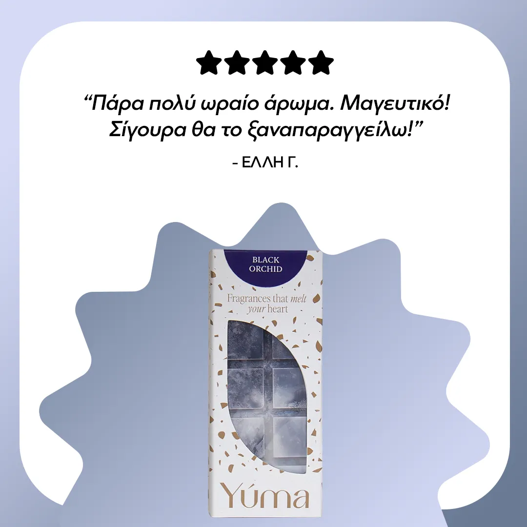 Συσκευασία Wax Melts Black Orchid της YUMA με κριτική πελάτη και πέντε αστέρια.