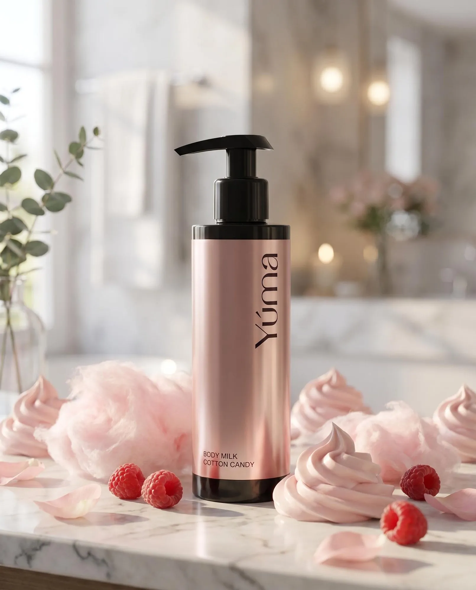 Body milk Cotton Candy της YUMA σε ροζ μεταλλικό μπουκάλι με αντλία ανάμεσα σε σμέουρα και μαρέγκες.