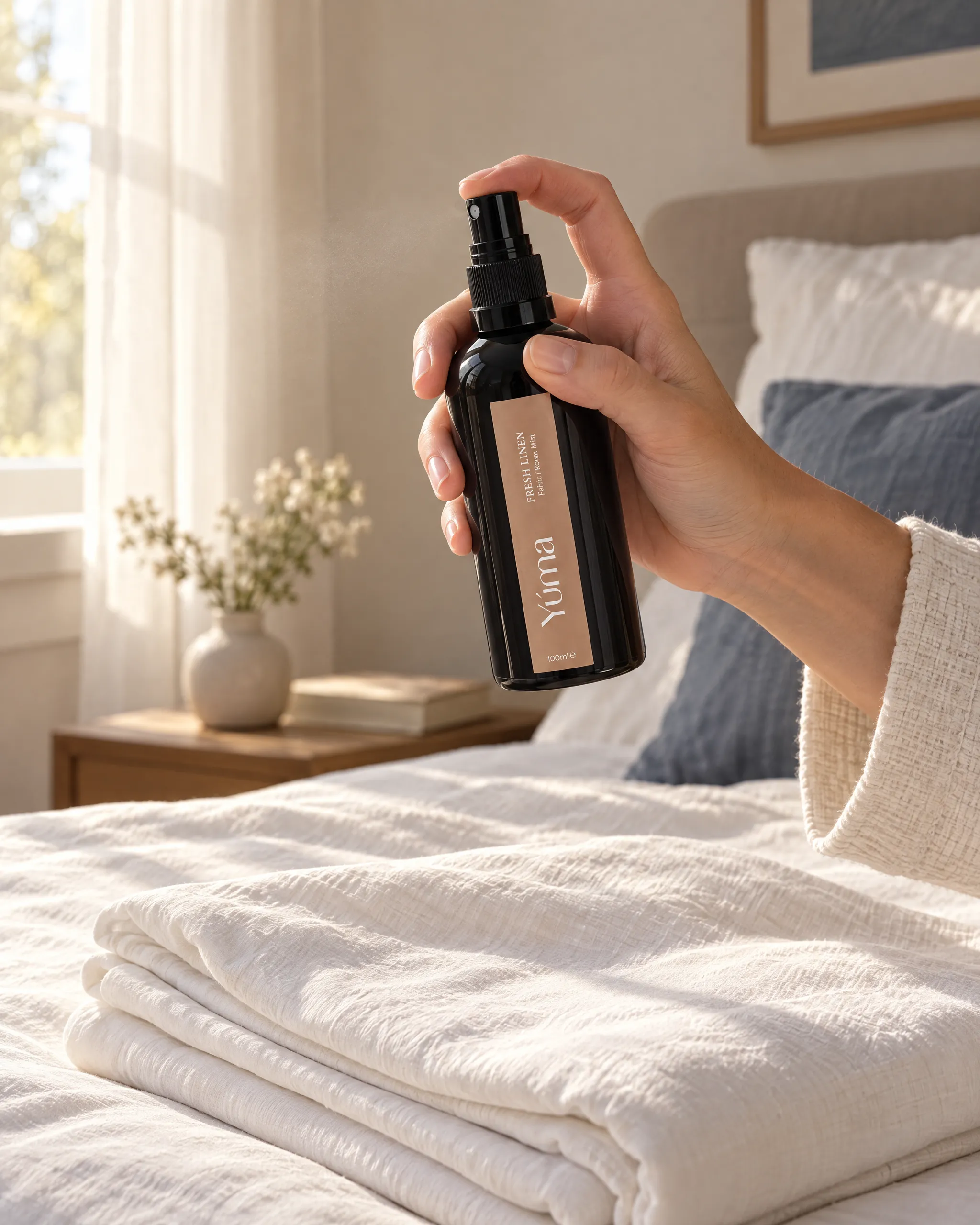 Fresh Linen Fabric/Room Mist της Yúma σε οικιακό περιβάλλον.