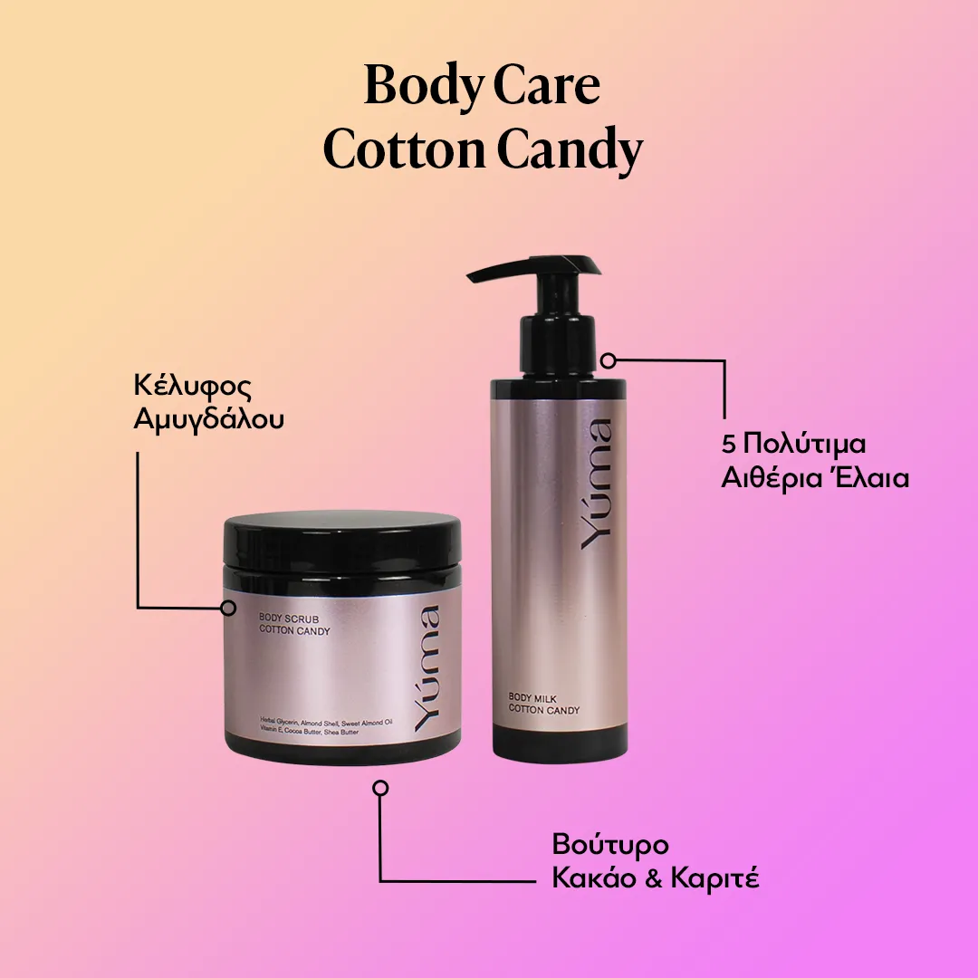 Σετ περιποίησης σώματος Cotton Candy της YUMA με body scrub και body milk σε ροζ φόντο.