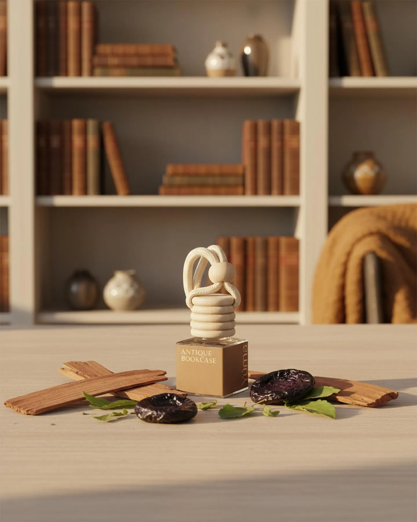 Car Diffuser Antique Bookcase της YUMA σε ξύλινο τραπέζι με κομμάτια ξύλου και φόντο βιβλιοθήκη.
