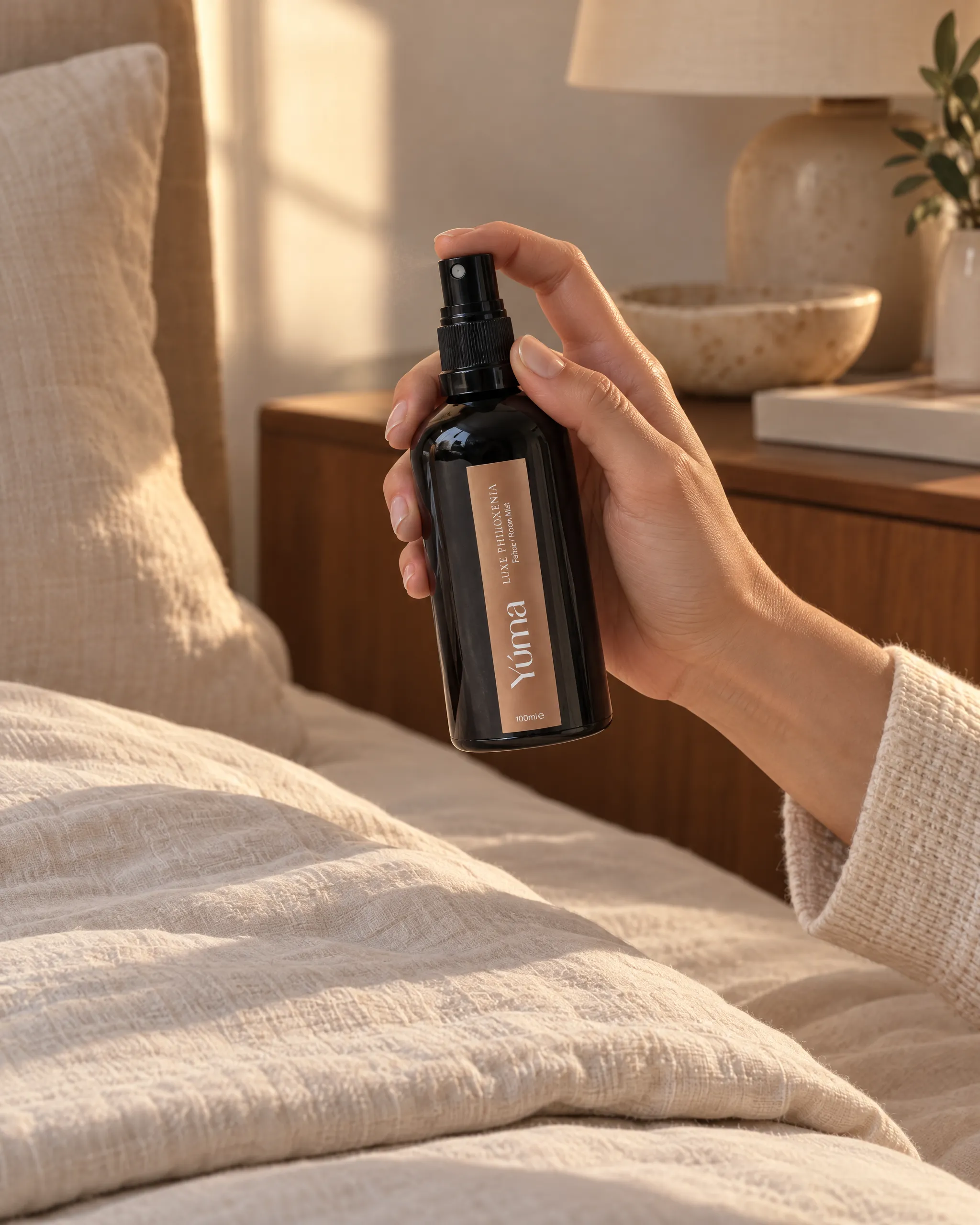 Luxe Philoxenia Fabric/Room Mist της Yúma σε οικιακό περιβάλλον.