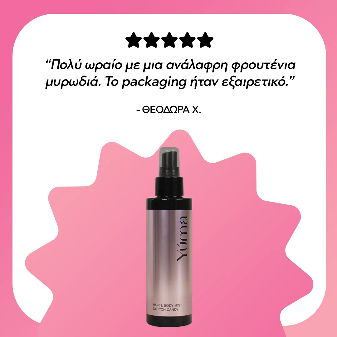 Hair & Body Mist Cotton Candy της YUMA μπροστά από ροζ σχήμα με κριτική πελάτη.