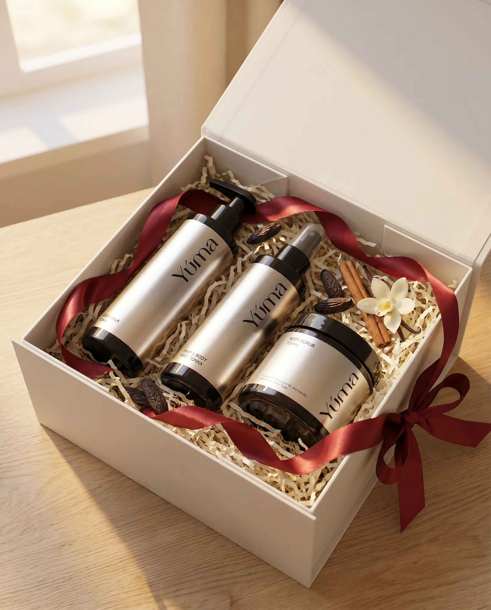Gift Set της YUMA με Tonka σε λευκό κουτί με μπορντό κορδέλα και ξυλάκια κανέλας.