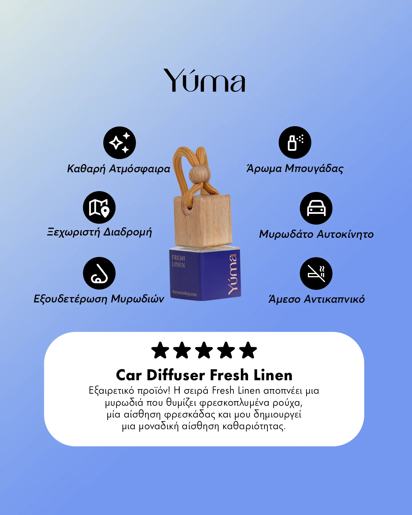 Car Diffuser Fresh Linen της YUMA με ξύλινο πώμα και μπλε δοχείο σε γαλάζιο φόντο με εικονίδια.