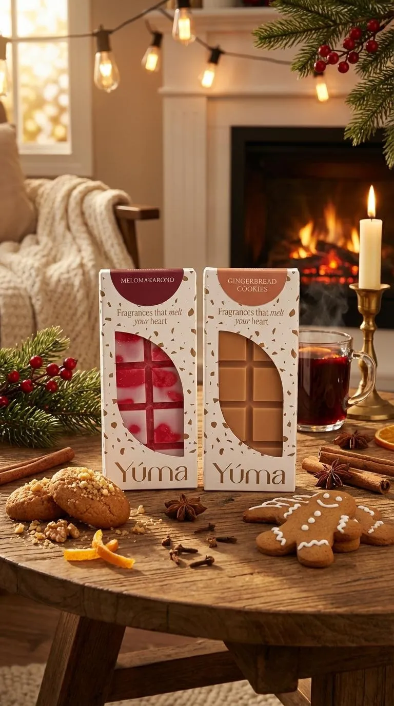 Συσκευασία Gingerbread Cookies και δεύτερη γιορτινή συσκευασία wax melts της YUMA σε ξύλινο τραπέζι με μπισκότα και τζάκι.