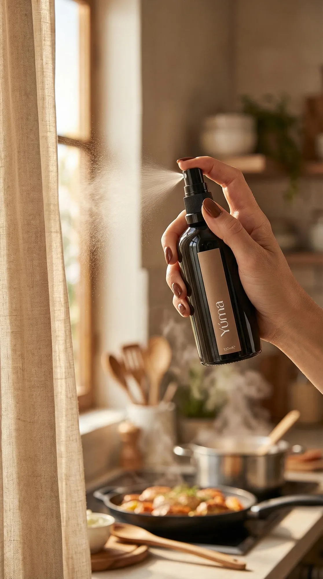 Γυναικείο χέρι ψεκάζει το Fabric Spray Gold Orchid της YUMA μπροστά από ανοιχτό παράθυρο κουζίνας.