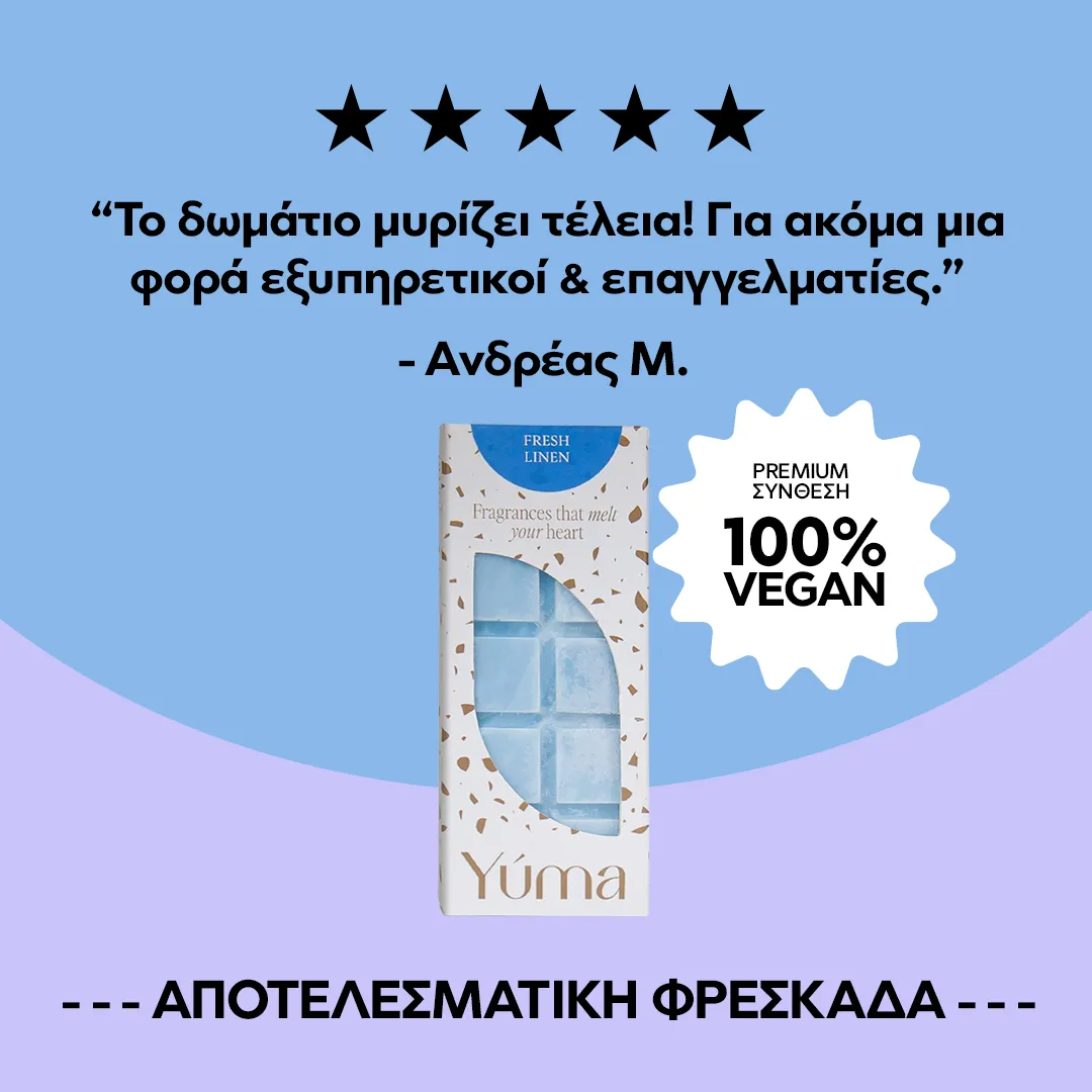 Συσκευασία Fresh Linen wax melts της YUMA με γαλάζιες μπάρες αρωματικού κεριού σε γαλάζιο φόντο.
