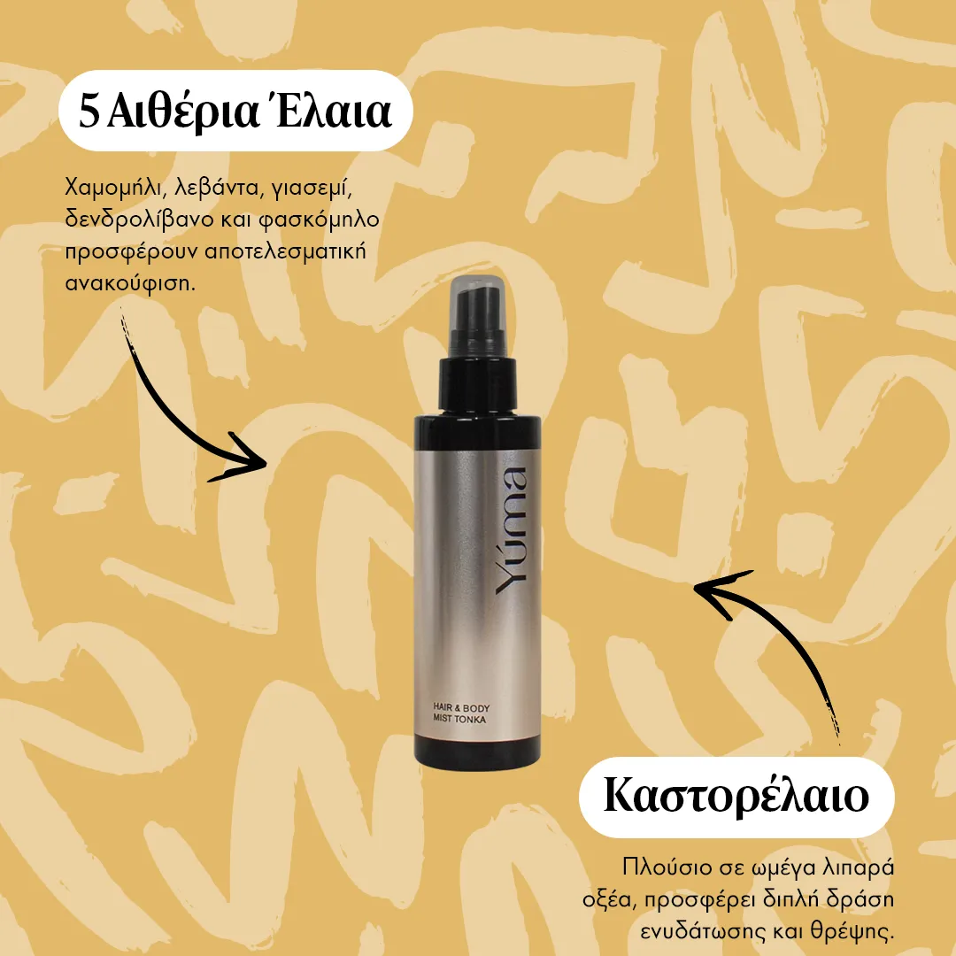 Ένα Hair & Body Mist Tonka της YUMA σε μεταλλικό μπουκάλι με φόντο αφηρημένα κίτρινα σχέδια.