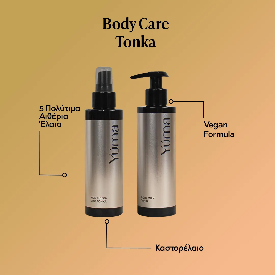 Δύο μεταλλικά μπουκάλια YUMA Tonka για σώμα και μαλλιά σε πορτοκαλί φόντο με επεξηγηματικά κείμενα.