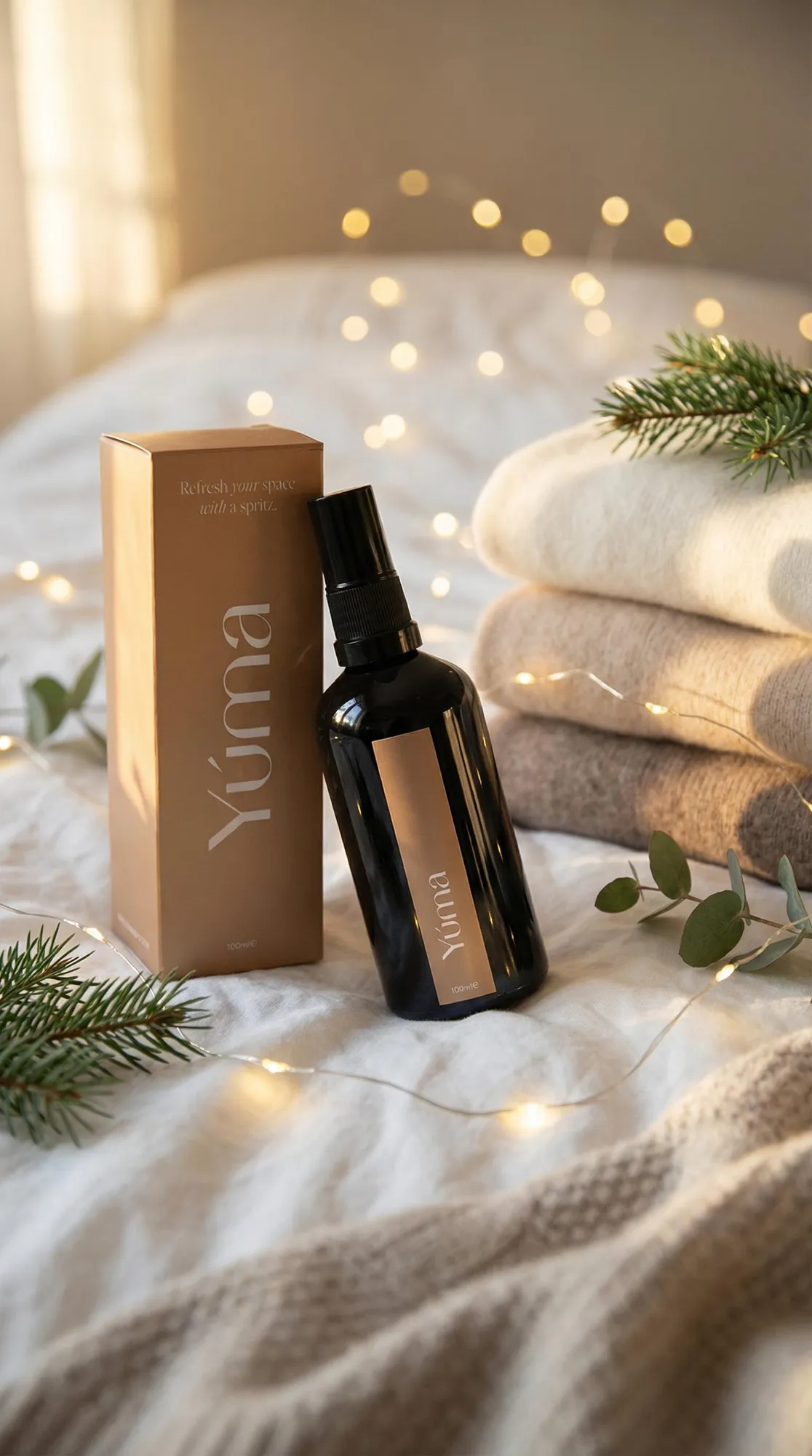Το Fabric Spray Melomakarono της YUMA δίπλα στη συσκευασία του πάνω σε λευκά κλινοσκεπάσματα με φωτάκια.