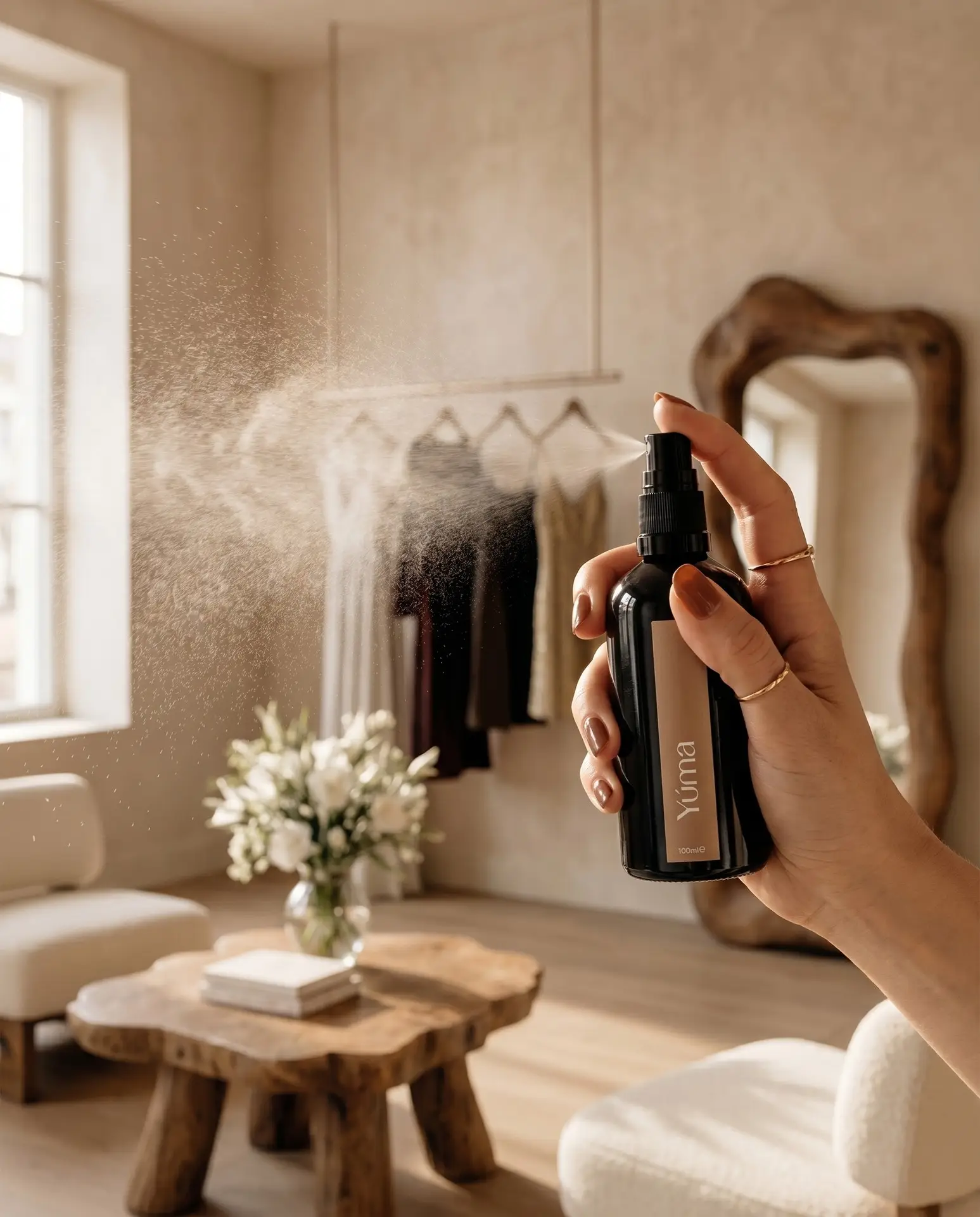 Fabric Mist YUMA δίπλα σε διπλωμένο λευκό λινό ύφασμα. Fabric Mist YUMA δίπλα σε διπλωμένο λευκό λινό ύφασμα.