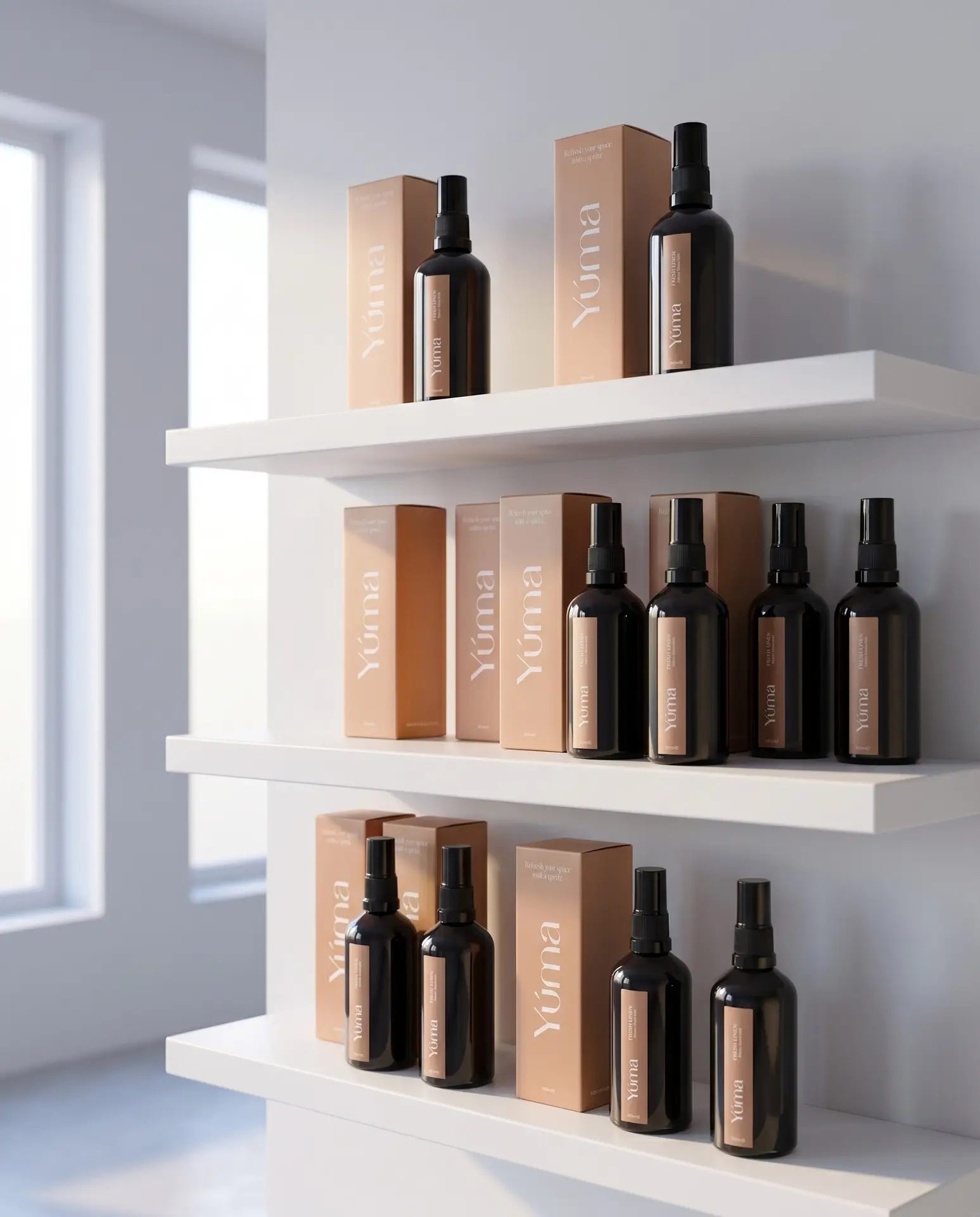 Μπουκάλια Fabric Mist YUMA σε λευκά ράφια μαζί με τις συσκευασίες τους. Μπουκάλια Fabric Mist YUMA σε λευκά ράφια μαζί με τις συσκευασίες τους.