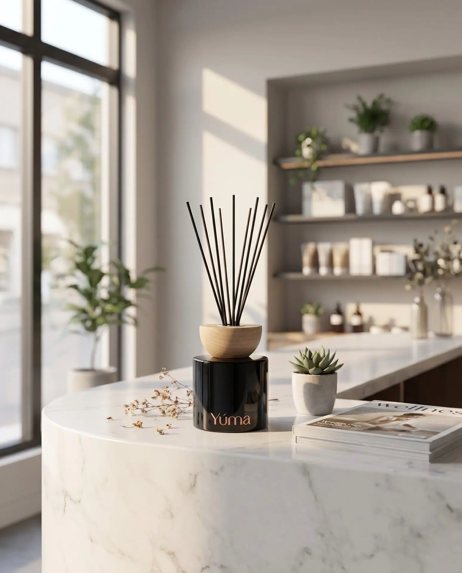 Μαύρο Reed Diffuser YUMA πάνω σε μαρμάρινο πάγκο, με ράφια προϊόντων στο βάθος. Μαύρο Reed Diffuser YUMA πάνω σε μαρμάρινο πάγκο, με ράφια προϊόντων στο βάθος.