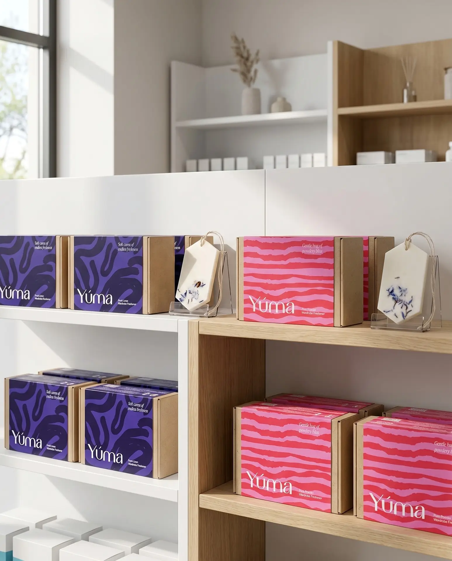 Wax Tablets YUMA σε διάφανες βάσεις και χρωματιστές συσκευασίες πάνω σε λευκά ράφια. Wax Tablets YUMA σε διάφανες βάσεις και χρωματιστές συσκευασίες πάνω σε λευκά ράφια.
