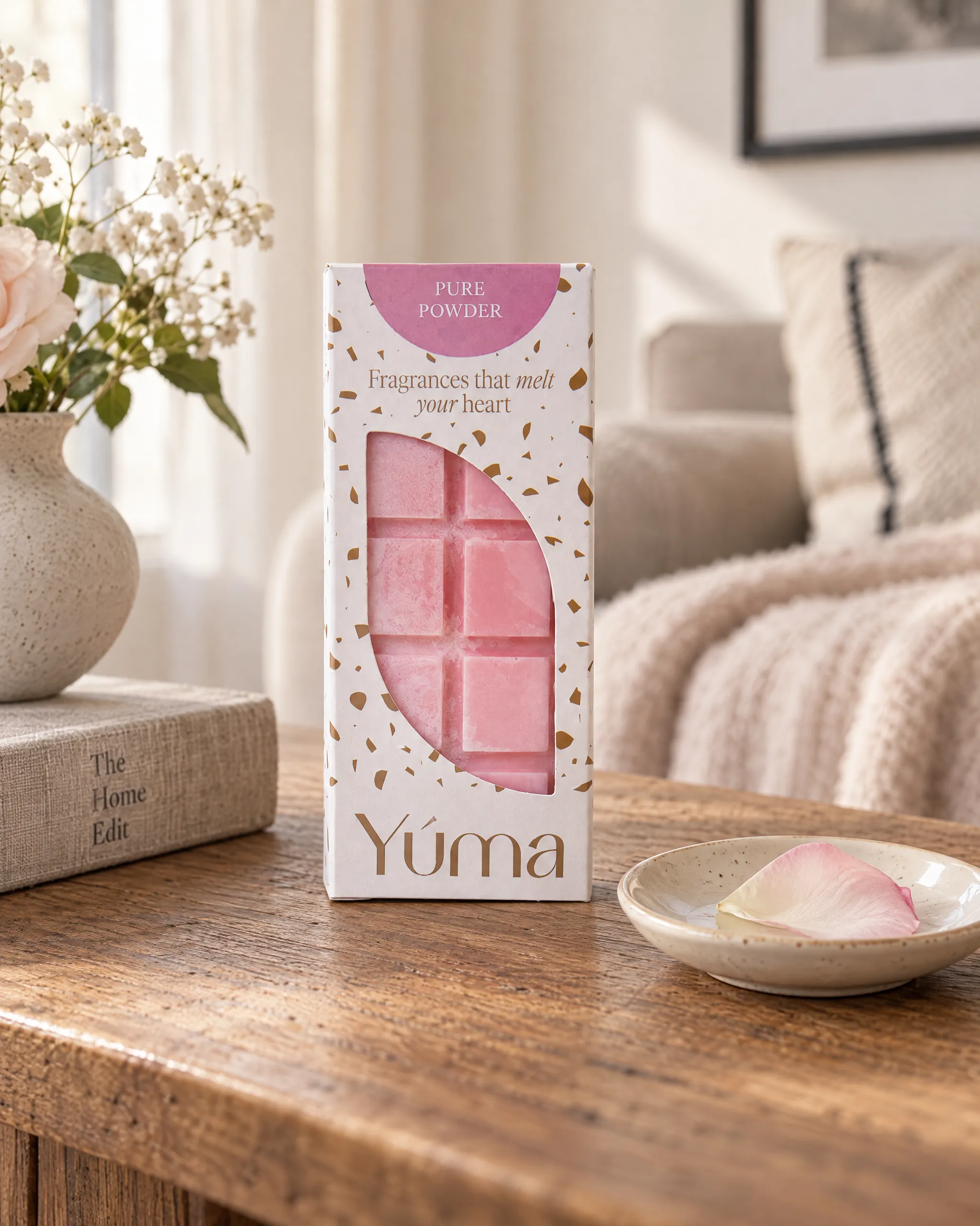 Pure Powder Wax Melts 55 g με Άρωμα Πούδρας Pure Powder Snap Bar της Yúma σε οικιακό περιβάλλον.