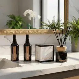 Bathroom Set Δύο room sprays, ένα κουτί και το Luxe Philoxenia reed diffuser της YUMA σε μαρμάρινο πάγκο μπάνιου.